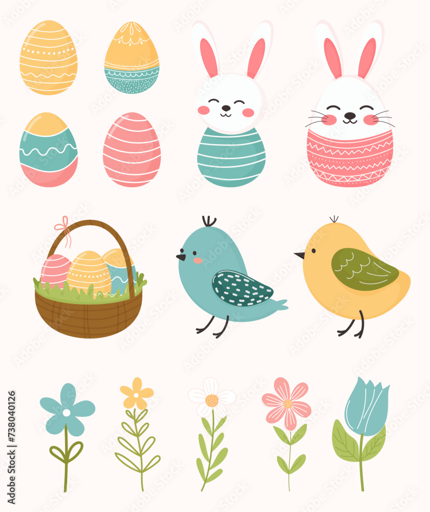 Colorful Easter illustration with eggs, bunnies, birds and flowers