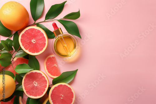 Grapefruit essential oil in a flat lay on a pink background