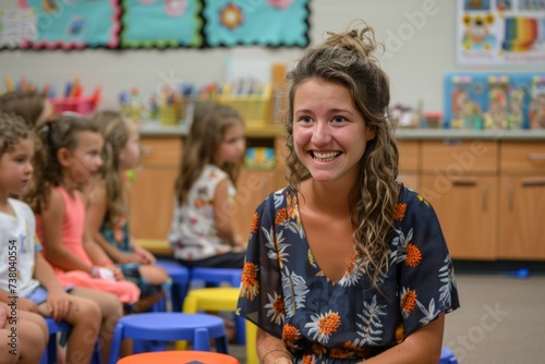 Cheerful teacher with a radiant smile engages her young students in a colorful classroom, creating an atmosphere of fun and eager learning