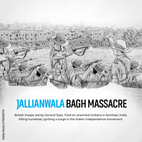 An illustration commemorating the Jallianwala Bagh Massacre, featuring historical imagery and text. Remembering the tragic event and honoring the victims.