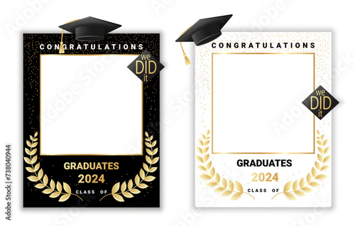 Congratulations graduates class of 2024 photo booth props set. Graduation photo frame design template for selfie , print, party, invitation etc. Flat style vector illustration for grad ceremony.