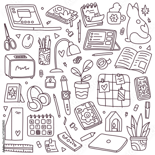 Desktop doodle set. Doodle design style, hand drawn cartoon elements. Illustration for coloring book, pattern background