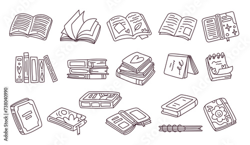 Hand drawn books doodle set. Black color sketch, coloring book. Line art style notebooks and pads . Vector illustration isolated