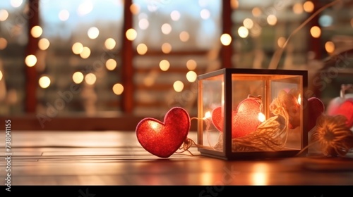 Valentines day. Valentines background with table and bokeh. Love red background. photo