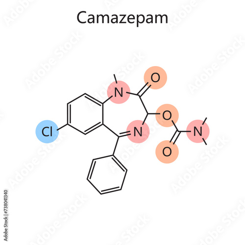 Chemical organic formula of Camazepam diagram hand drawn schematic vector illustration. Medical science educational illustration