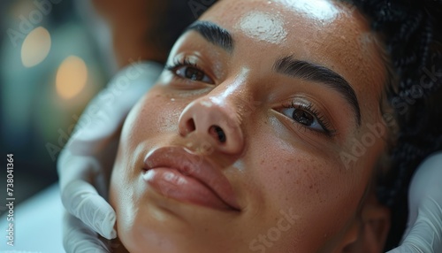 Middle aged woman receiving buccal facial massage in beauty salon for beauty and skin care concept. Close up photo