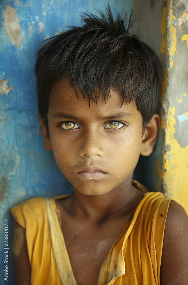 A young boy with piercing green eyes stares confidently at the camera ...