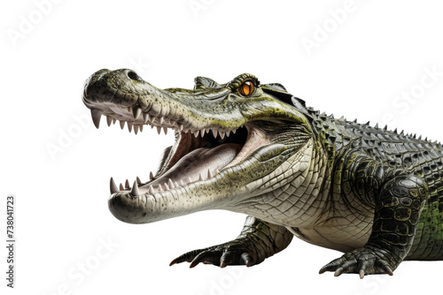 Large Alligator With Open Mouth and Wide Teeth. A photo of a massive alligator displaying its fearsome teeth as it opens its mouth wide.