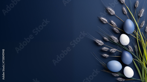 Minimalistyczne granatowe tło na życzenia Wielkanocne. Alleluja - Wesołych świąt Wielkiej Nocy. Jajka, koszyczek, kwiaty i inne wiosenne dekoracje. © yeseyes9