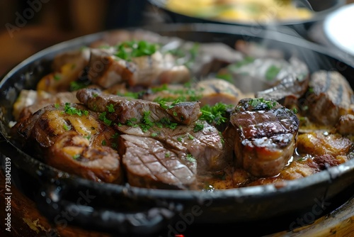 Close-up image of a single dish of Argentinian Asado, focusing on grilled meats, rustic style, stock photo aesthetic. photo