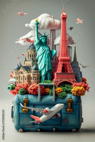 The concept of traveling around the world with luggage. A suitcase with things. 3d illustration