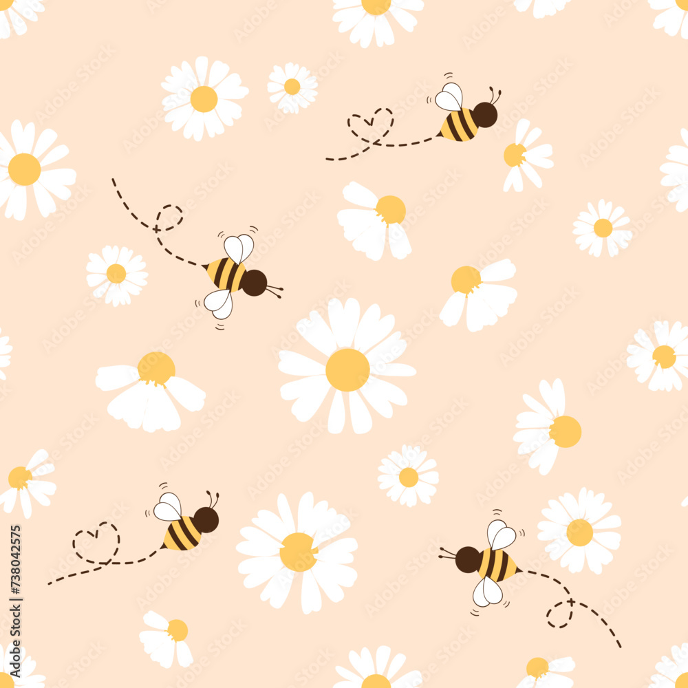 Seamless pattern with bee cartoons and daisy flower on orange background vector illustration. 