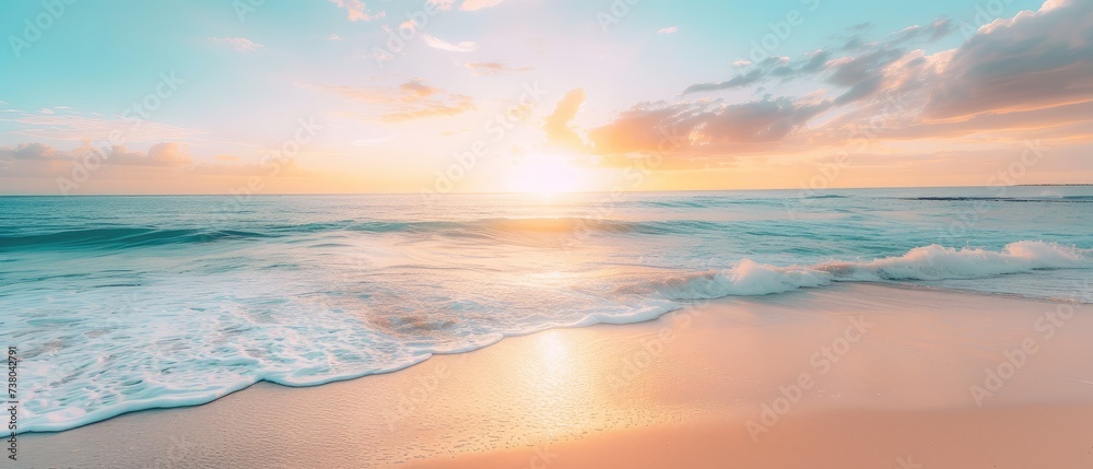 Tranquil Sunrise Over the Ocean Waves - obrazy, fototapety, plakaty 