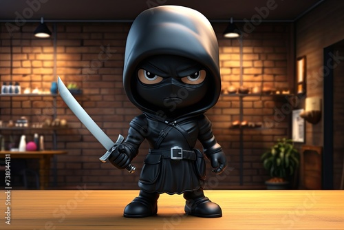 A 3D ninja character, cloaked in mystery and stealth, navigates through the digital realm with sleek and stylish graphics, embodying the essence of modernity and charm. Generative AI.