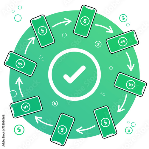 Money flow concept.  Circle idea of received and transferred.  Payment success icon in center.
Money symbol on screen of phones. Transaction with smartphones, sending and receiving money with app.