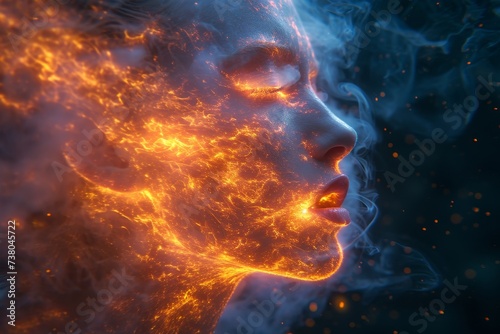 A woman's face on fire on a black background. 3d illustration