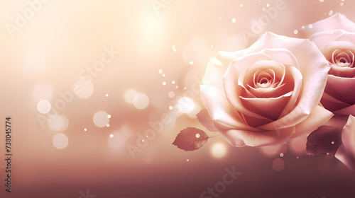 Close-up of rose flower in natural pastel light tones with copy space and selective focus