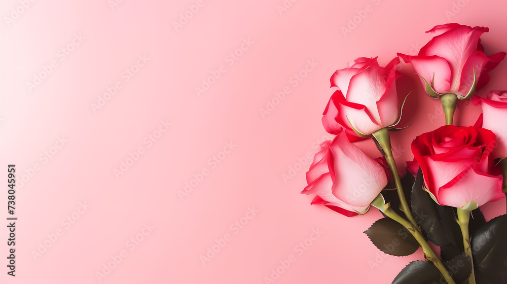 Fototapeta premium Close-up of rose flower in natural pastel light tones with copy space and selective focus