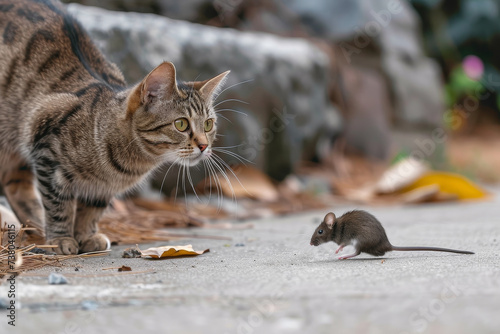 A vigilant cat faces off with a small mouse on a concrete surface, surrounded by dry leaves of autumn