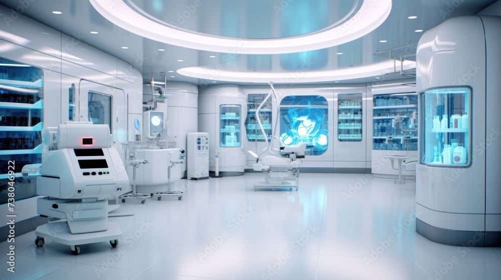 White futuristic hospital laboratory interior with medical supplies White futuristic hospital laboratory interior with medical supplies