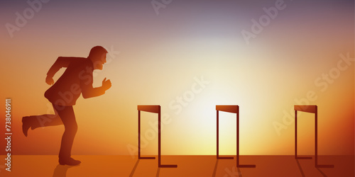 Concept du challenge et du parcours d’obstacle, avec un homme qui se lance dans une course de haies pour obtenir le leadership.