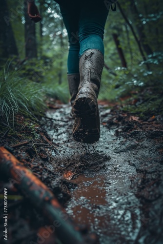 A man walking through mud in the middle of the jungle in rainy weather