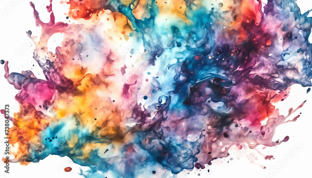 Colorful spots of paint. Watercolor stains on a white background. Rainbow design of multi-colored blots on white. Background with top view of abstract colored ink blots. AI generated