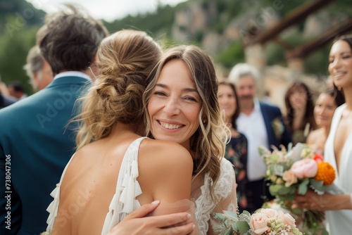 A heartfelt hug between a bride and a friend at a wedding venue, with guests and decorations in soft focus
