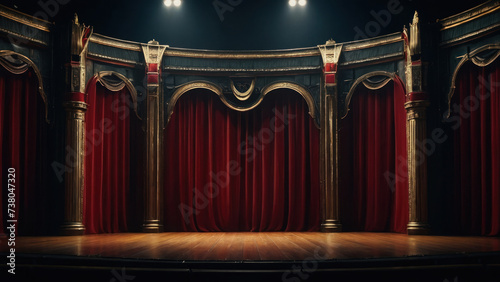Theater stage with columns and red curtain. Background for advertising. AI generative.