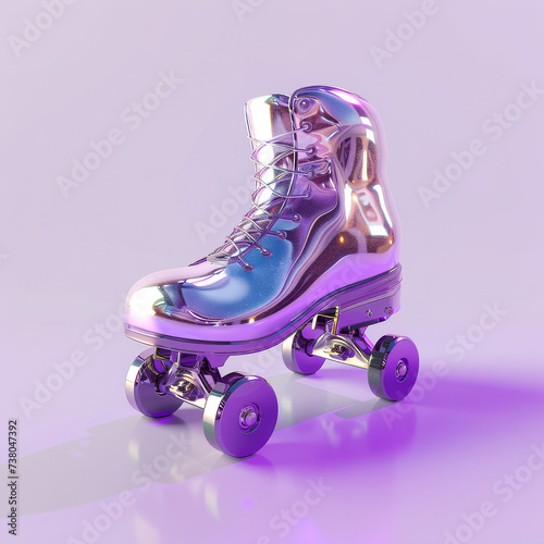 Glossy silver roller skate on purple background, trendy futuristic urban foot fashion.