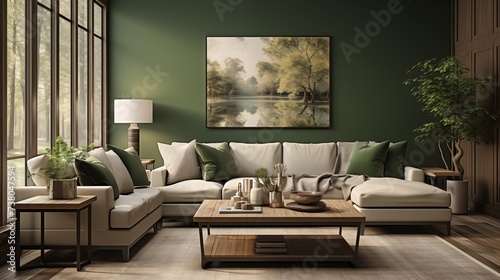 Modern Forest Green and Cream Living Room