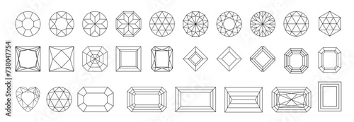 Diamond shape outline set. Gem collection thin line. Jewel symbol in linear style. Crystal, gemstone black contour icons design isolated. PNG photo