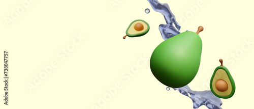 3D splashes of water, whole and cut avocado. Creative concept for advertising