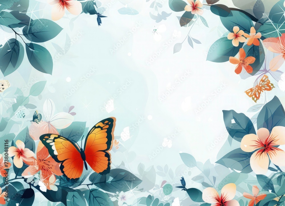 Hello spring text template design- Spring greeting typography with fresh bloom flowers and butterfly 