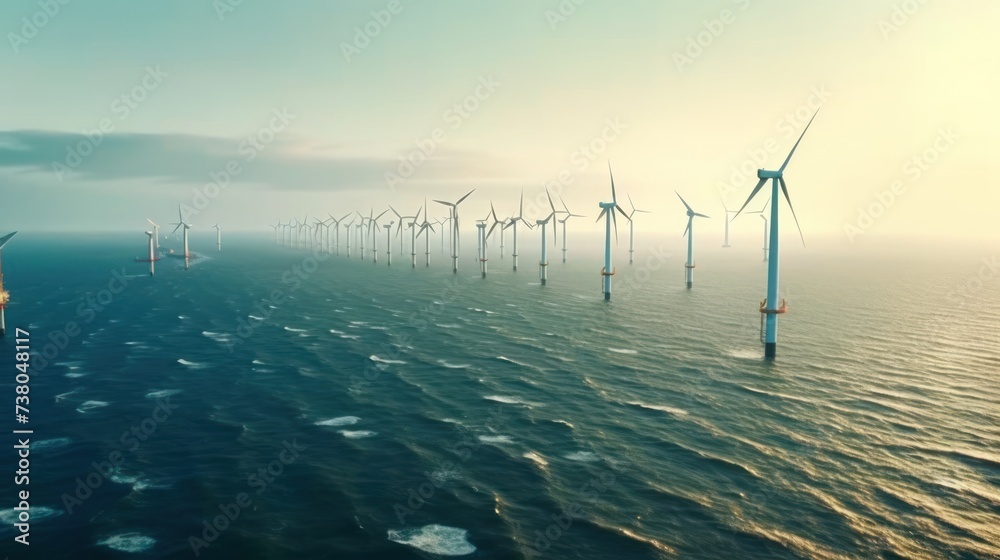 Windmill park in the ocean, drone aerial view of windmill turbines generating green energy electrically, windmills isolated at sea in the Netherlands.