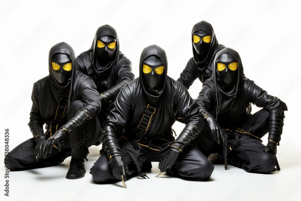 Naklejka premium A team of elite ninja assassins, clad in sleek black attire, strikes a powerful pose against a pristine white backdrop, showcasing their formidable skills and unity. Generative AI.