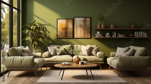 Modern Olive Green and Tan Living Room