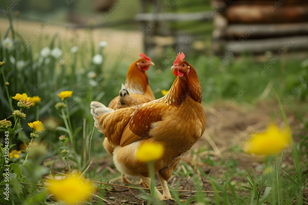 Fototapeta premium Free range chickens on grass at farm.