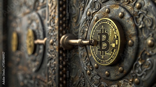 A bitcoin shaped key opening an elaborate mysterious looking vault