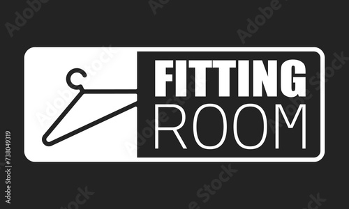 isolated simple black white sticker label fitting room, dressing room vector sign, fashion store symbol, flat shirt cloth hanger vector icon, closet change room icon