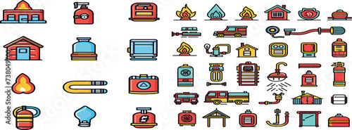 Firefighting safety equipment flat line icons. Firefighter, fire engine extinguisher, smoke detector, house, danger signs, firehose