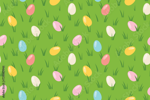 seamless pattern with colorful easter eggs in the grass; top view; concept of egg hunt which is a children game typically played during Easter- vector illustration
