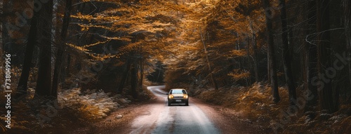 Car Driving on Secluded Forest Road in Autumn