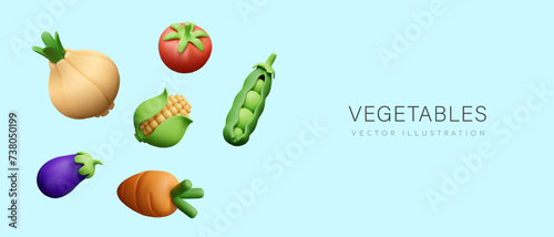 Commercial concept of fresh vegetables on blue background. 3D floating vector objects