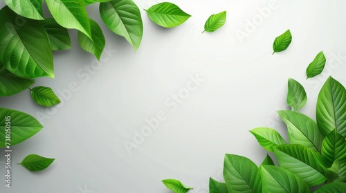 Fresh green leaves gracefully suspended against a clean white background, evoking nature, freshness, and tranquility.