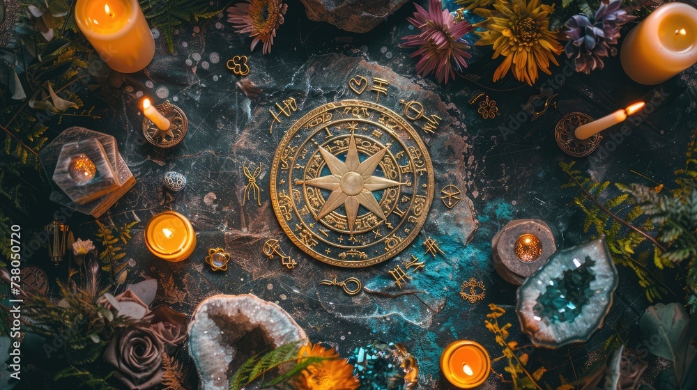 An arrangement of astrological symbols, candles and healing crystals to celebrate the vernal equinox.