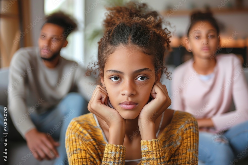 A pensive young girl with a contemplative expression sits in foreground with family in the background A pensive young girl with a contemplative expression sits in foreground with family in the background