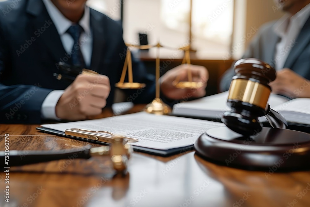 This image portrays a detailed close-up of a judge’s gavel in a courtroom scenario, capturing the essence of the legal system and justice