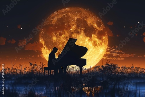 An evocative image of a pianist playing under a gigantic full moon rising in a starry night sky, reflecting on calm waters photo