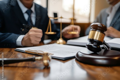 This image portrays a detailed close-up of a judge’s gavel in a courtroom scenario, capturing the essence of the legal system and justice